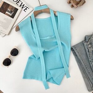 NWOT Chic Sky Blue Sleeveless Knit Top with Trendy Tie Straps
